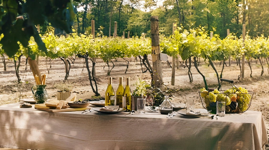Table set with wine glasses, a bottle of white wine, and a charcuterie board overlooking a sunlit Long Island vineyard.