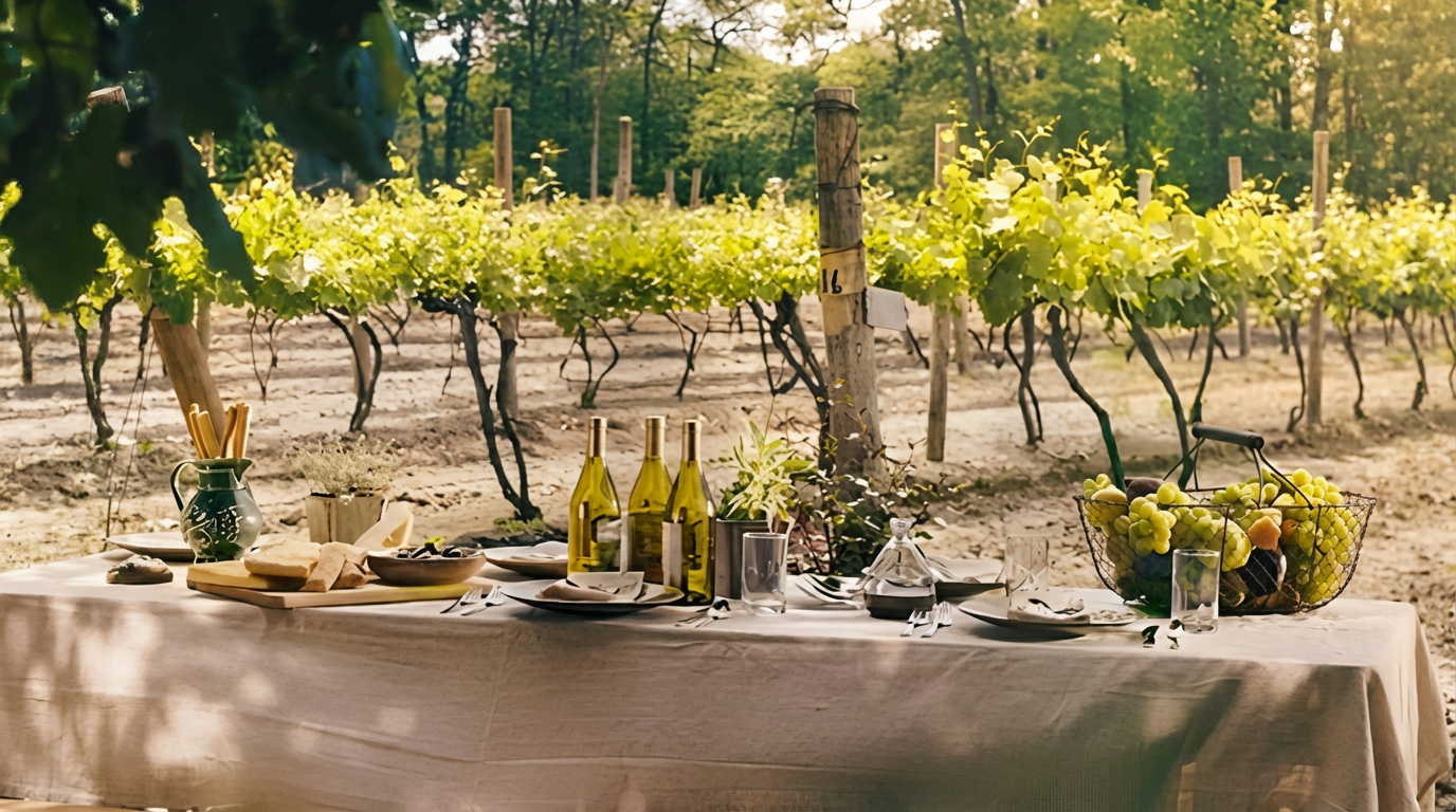 Table set with wine glasses, a bottle of white wine, and a charcuterie board overlooking a sunlit Long Island vineyard.