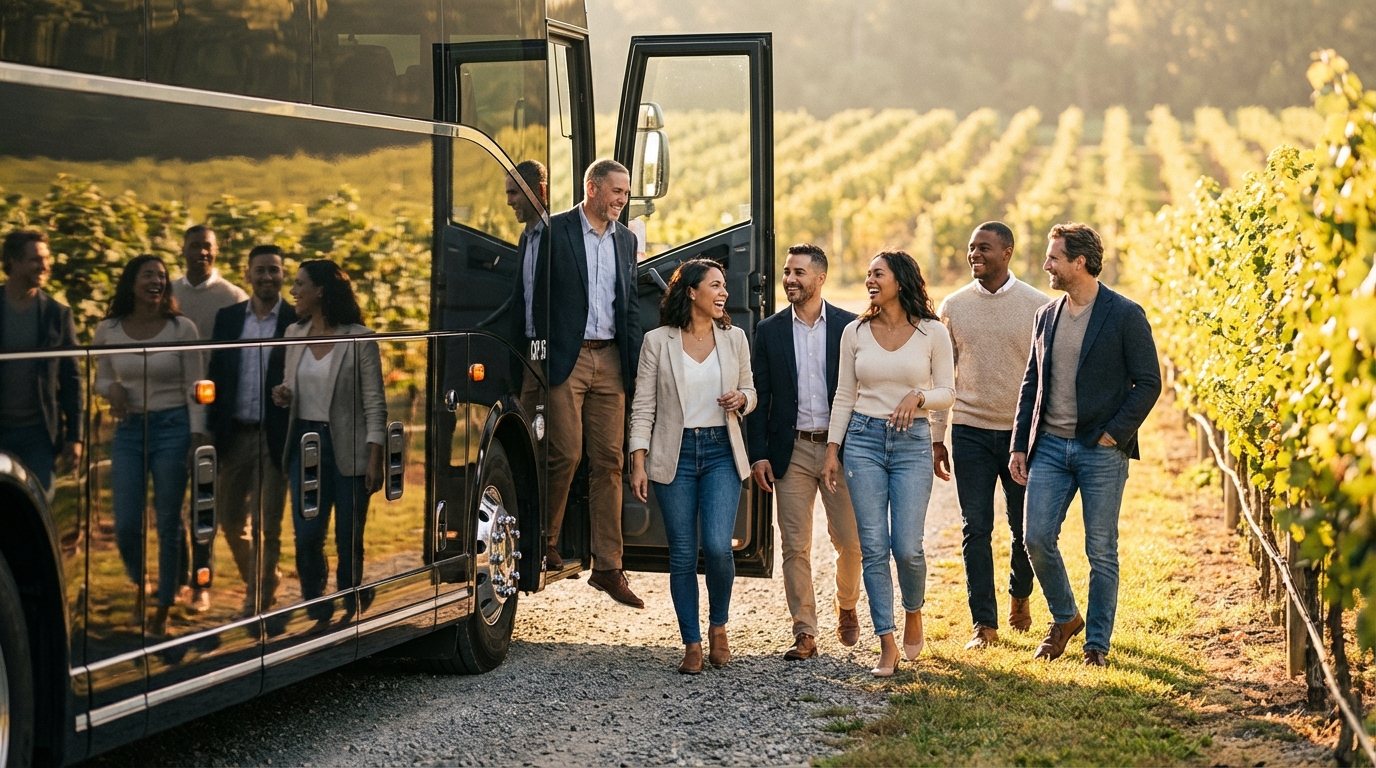 Happy casually dressed corporate group stepping off a sleek black coach bus at a North Fork vineyard, smiling and ready to begin a private chauffeured winery tour.
