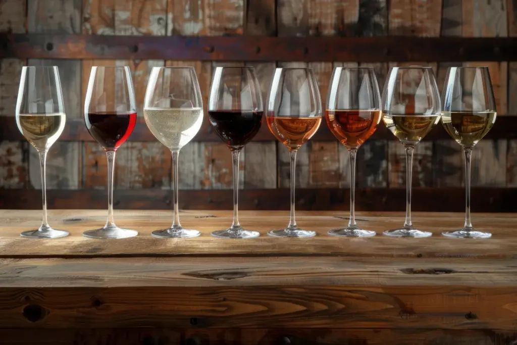 An elegant wine tasting setup featuring various wine glasses against a rustic backdrop, enhancing the wine experience.