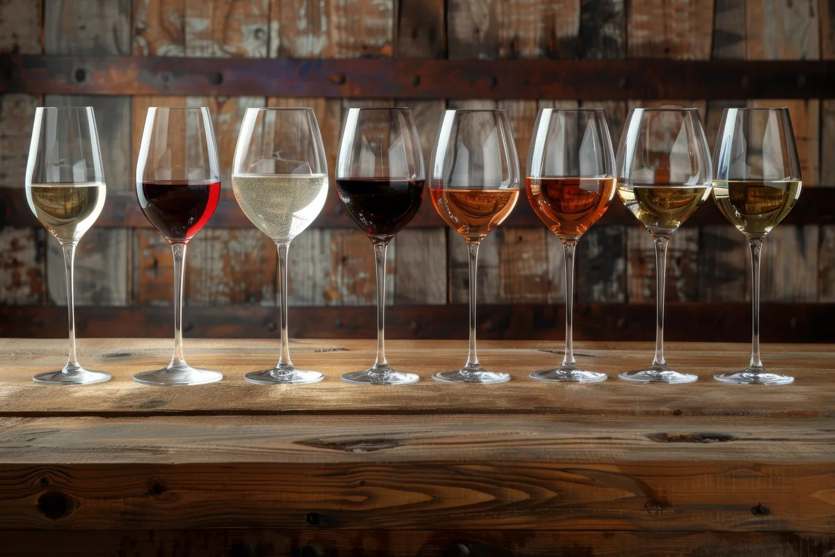 An elegant wine tasting setup featuring various wine glasses against a rustic backdrop, enhancing the wine experience.